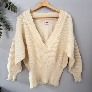 Vtg Mondi Sweater Quiet Luxury Cream Folk Knit Deep V Women's L West Germany